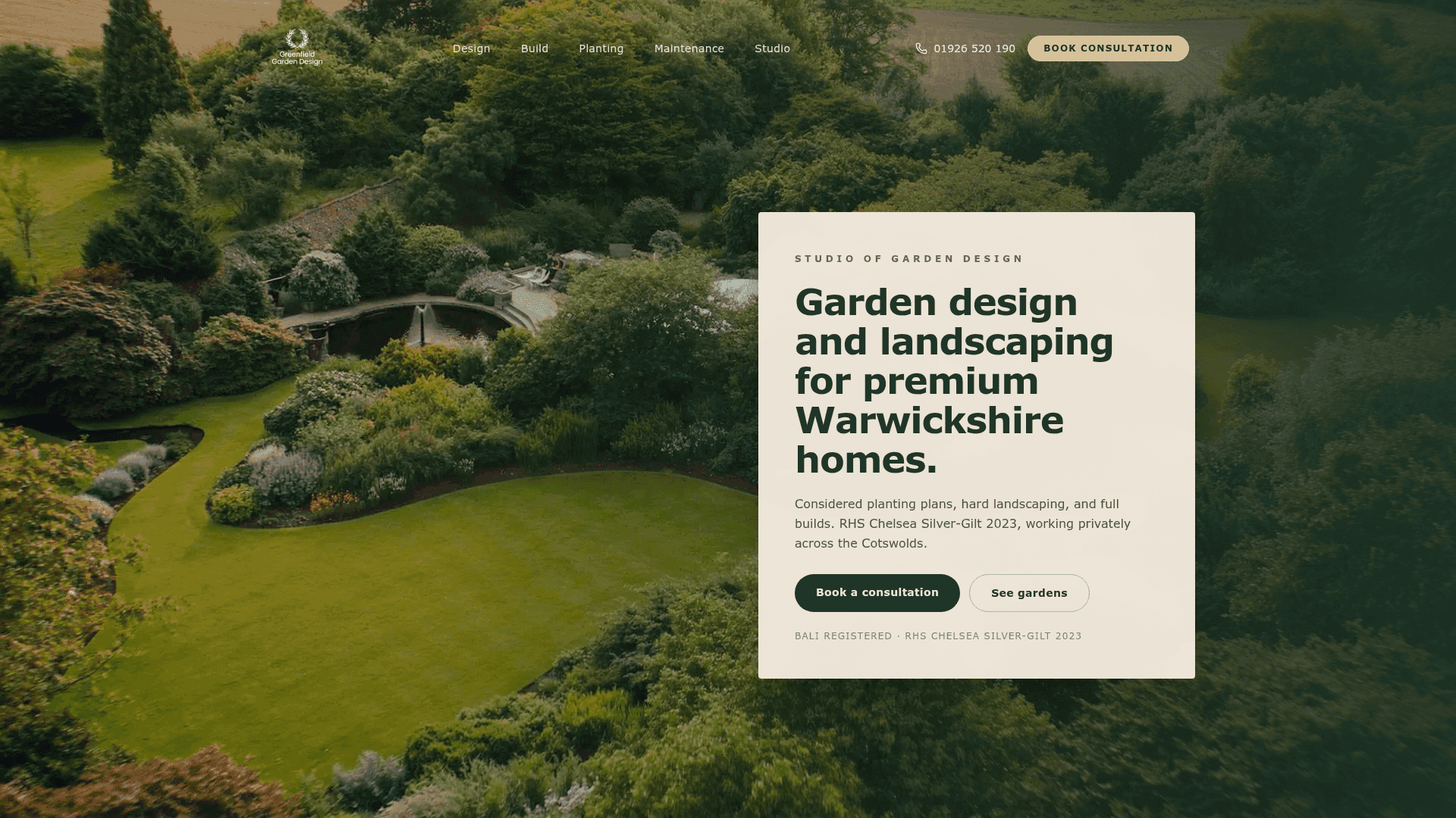 Greenfield Garden Design website hero, designed and built by Kelso Creative