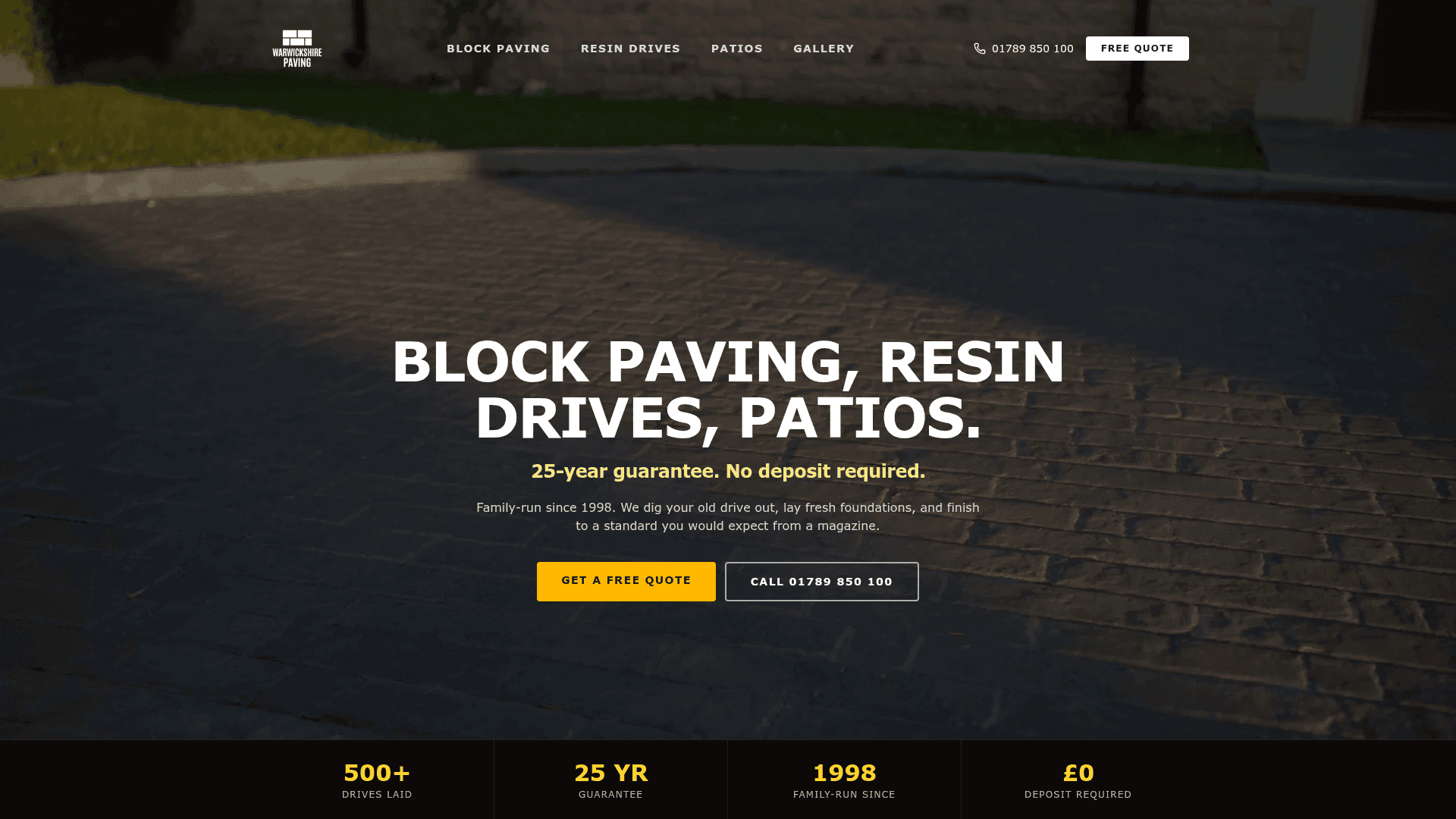 Warwickshire Paving website hero, designed and built by Kelso Creative